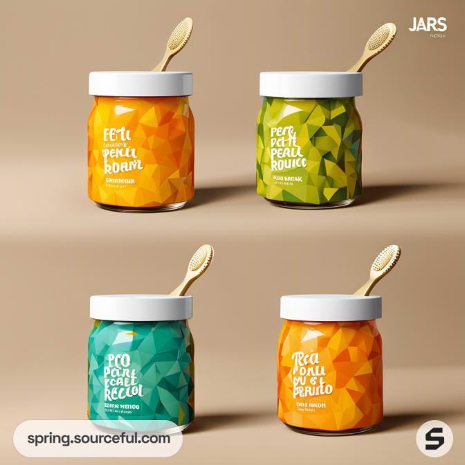 Four jars with geometric patterns in orange-green tones, each with a wooden spoon on the lid.