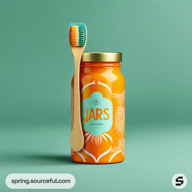 Glass jar with orange liquid and bamboo toothbrush on a green background.