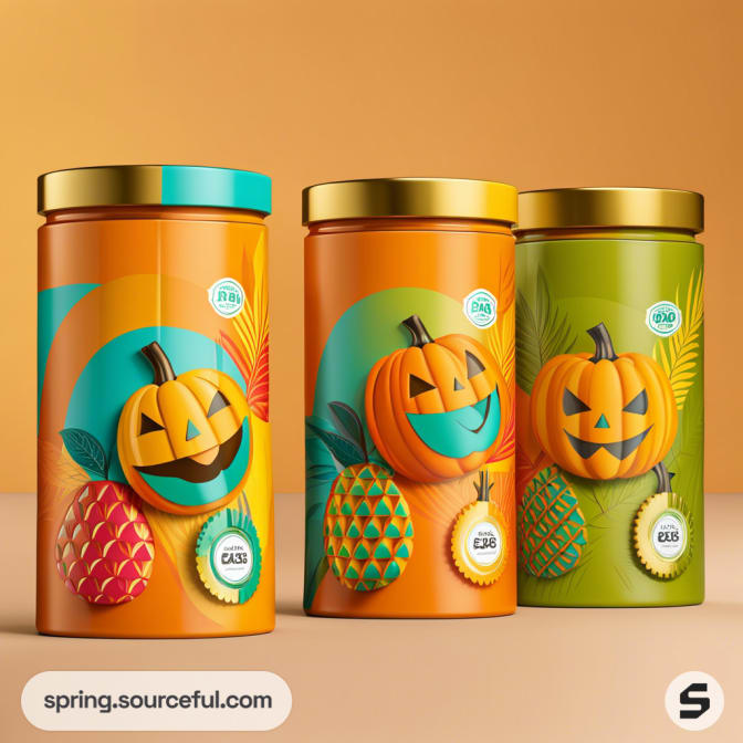 Three pumpkin-themed jars with colorful designs and gold lids.