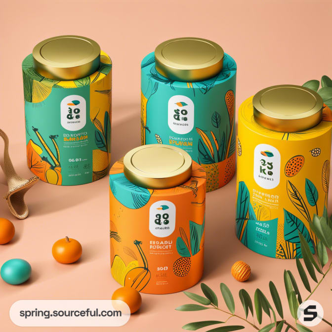 Four cylindrical jars with tropical-themed labels in orange, teal, and yellow with screw-on lids.