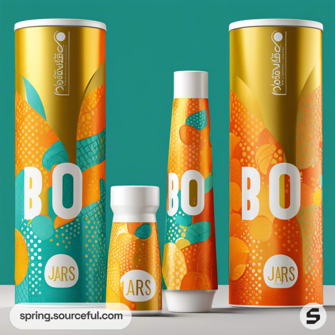 Colorful tube and jar packaging with orange and teal abstract patterns on a teal background.