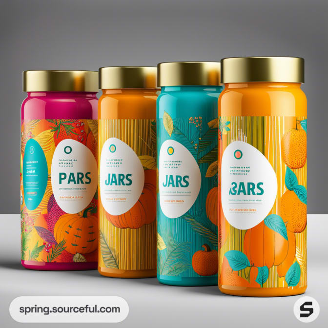 Four colorful jars with fruit designs and golden lids on a gray background.