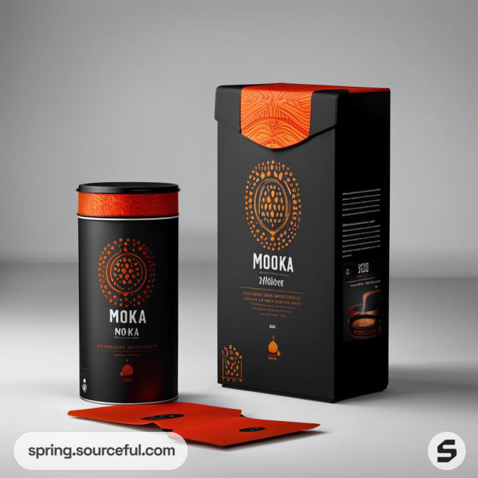 Black and orange coffee cylinder and box packaging.