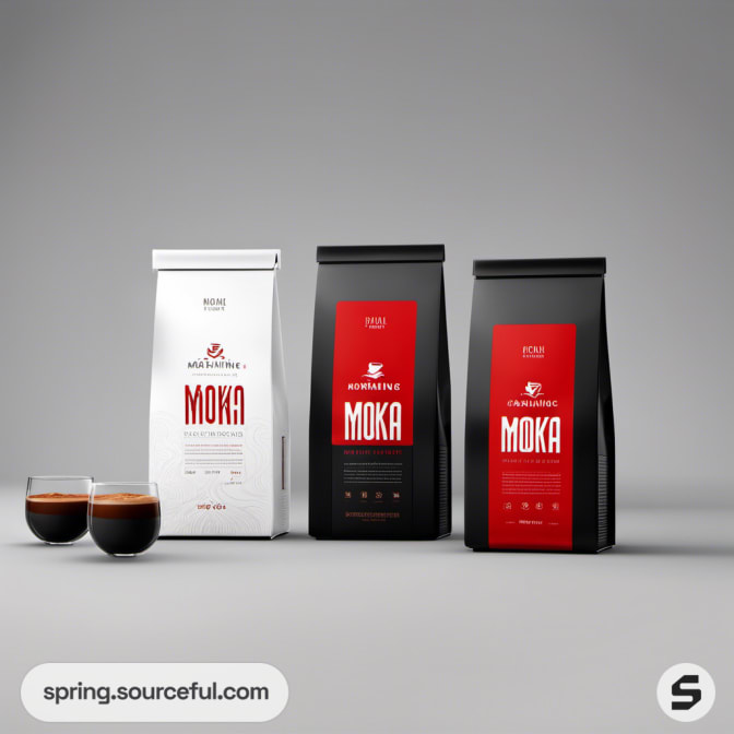 Three coffee bags in white, red, and black with espresso cups.
