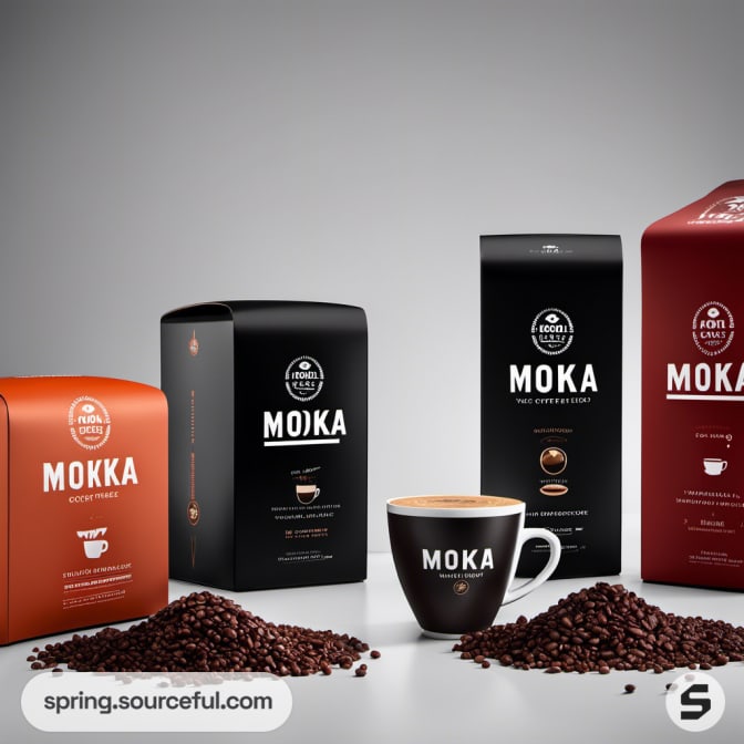 Coffee boxes and cup with scattered beans, various packaging.