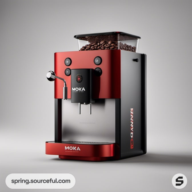 Red and black espresso machine with beans container.