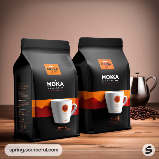 Two black coffee bags with orange label and coffee beans.