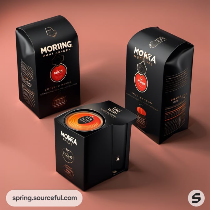 Three black coffee bags and box with elegant design.