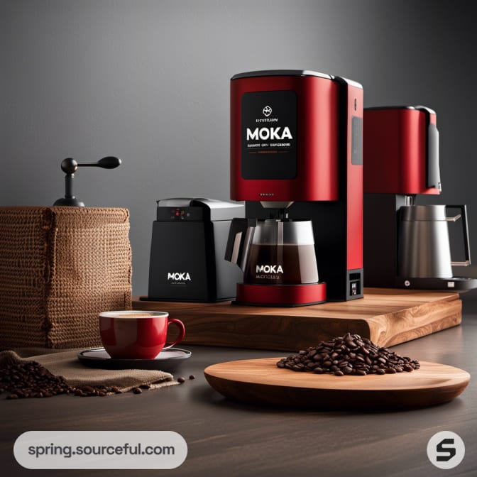 Various coffee machines with beans and cups on wooden surface.