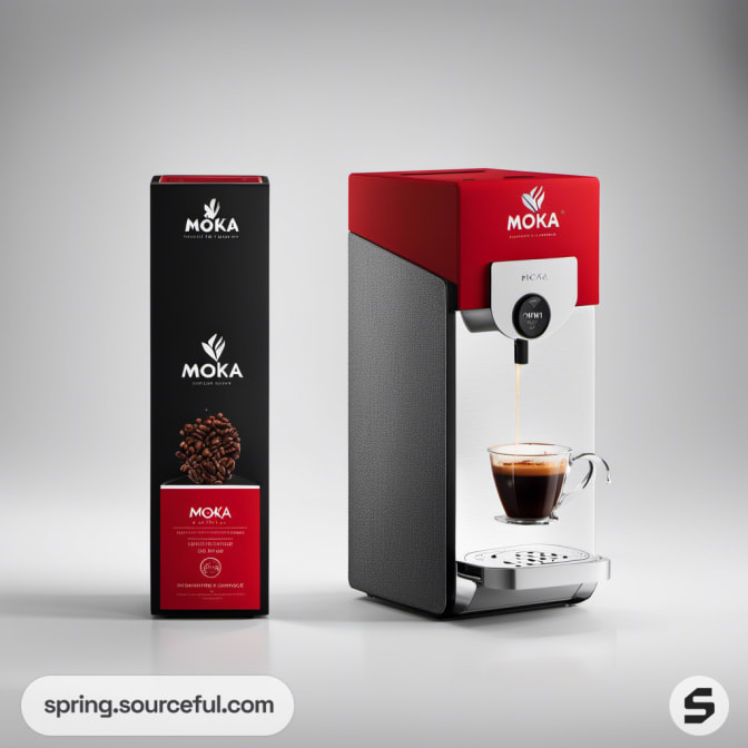 Red and black coffee machine with cup and packaging beside.