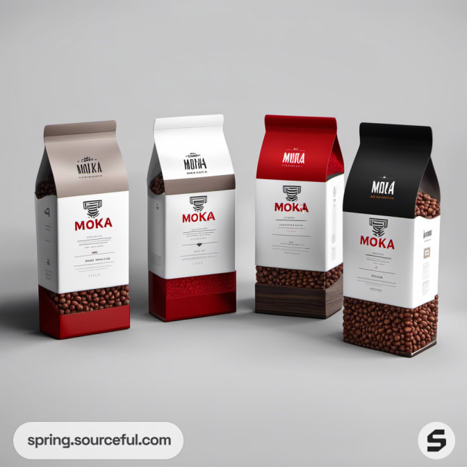 Four coffee sachets with beans in distinct colored packaging.