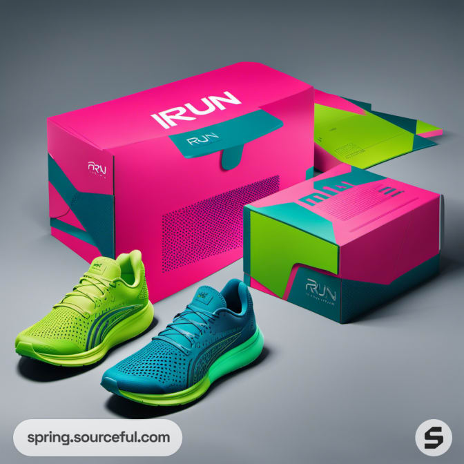 Bright green and blue sneakers with pink and green shoe boxes.