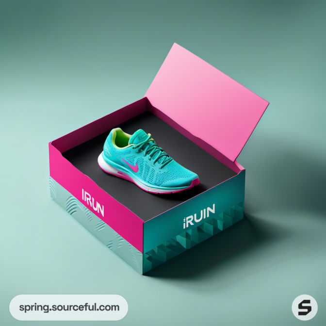 Teal sneaker in an open pink and green shoebox.