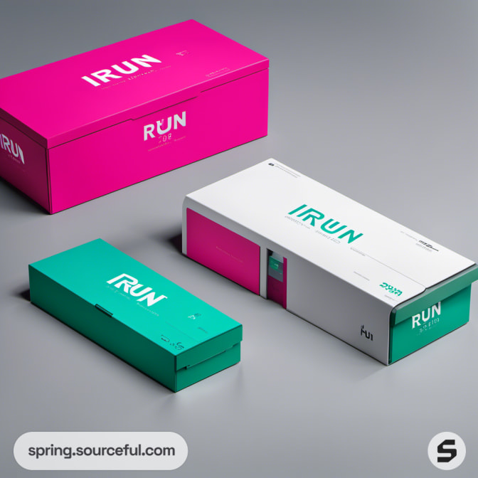 Assorted pink and green shoe boxes with text 'IRUN'.