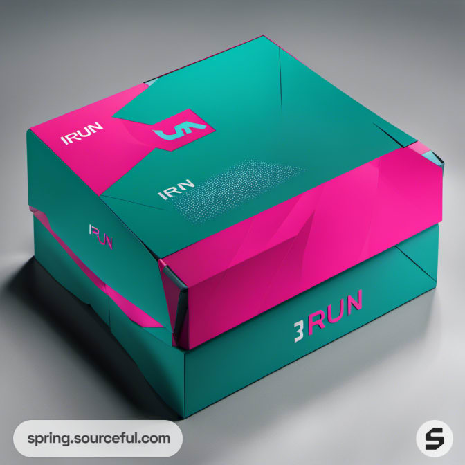 Closed teal and pink reflective shoebox with text.