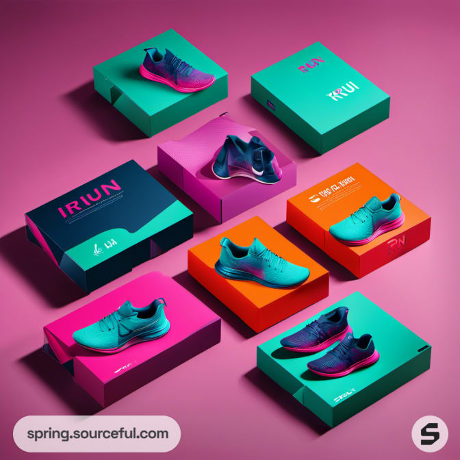 Various colorful shoe boxes with teal sneakers displayed.