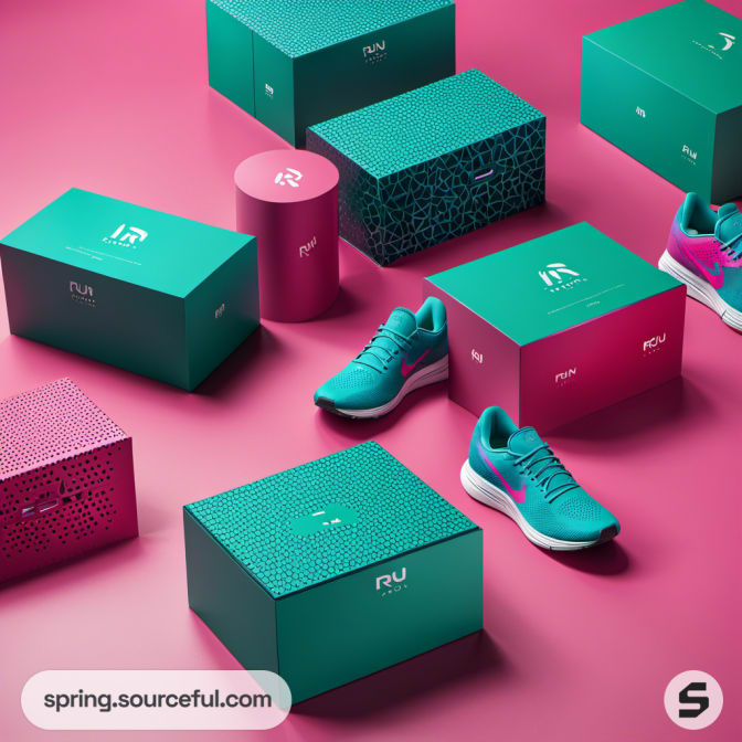 Teal sneaker with pink and teal shoe boxes on pink surface.