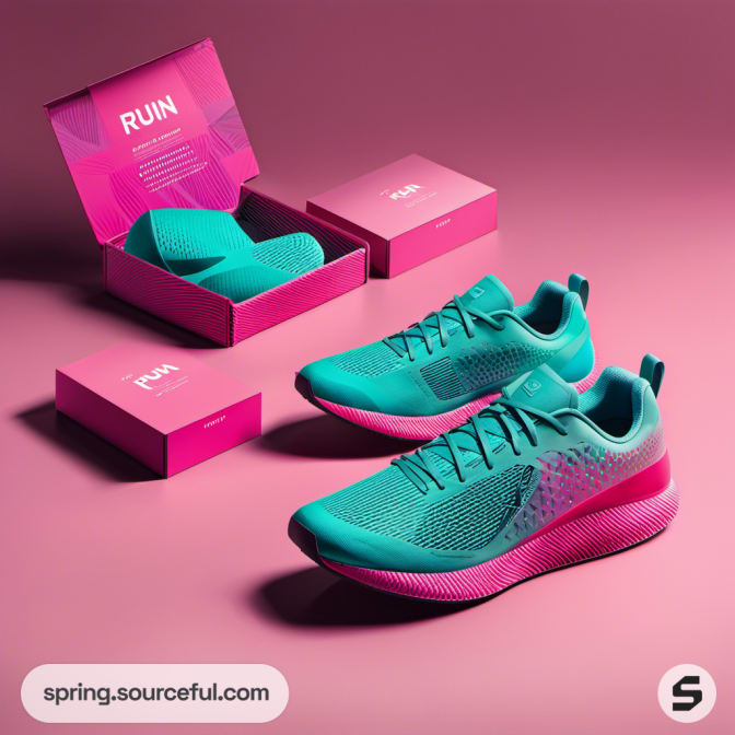 Teal sneakers with open pink shoe boxes on pink background.