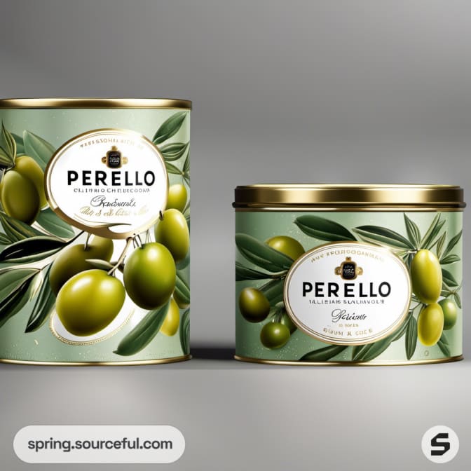 Two olive tins, one tall and one short, with olive graphics and gold lids.