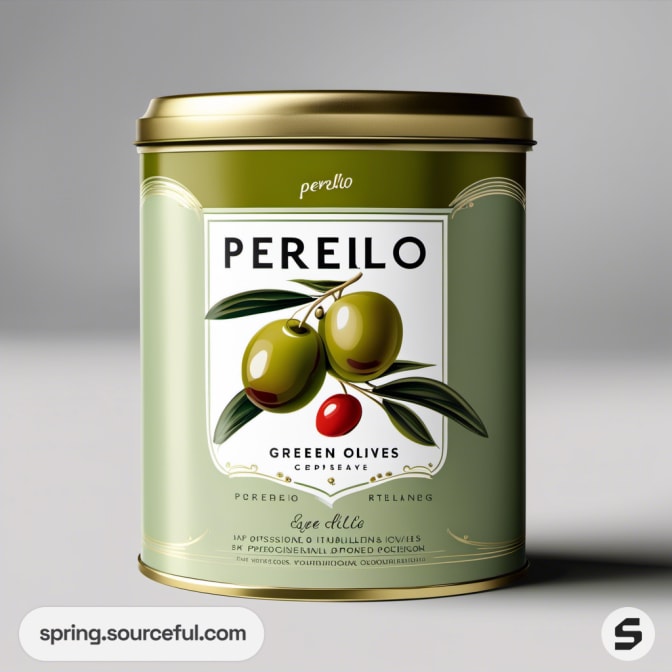 Green olive tin with red olive graphic and gold lid.
