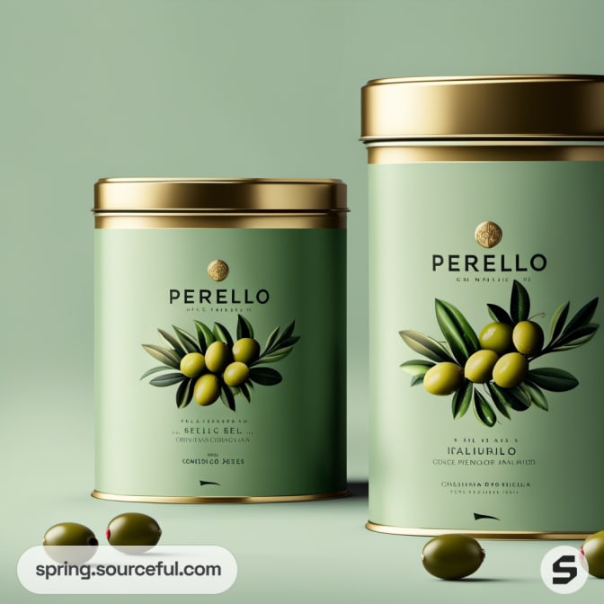 Two olive tins with green foliage design, gold lids, and green background.