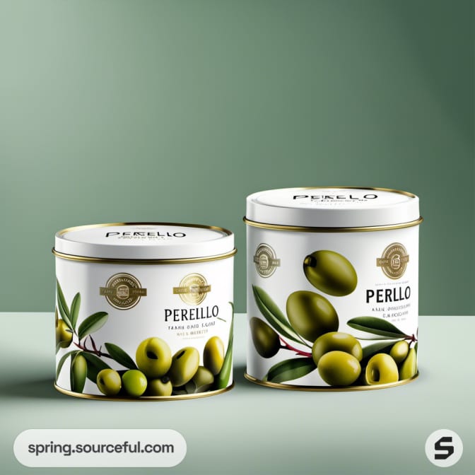 Two white olive tins with green olive graphics and gold lids.