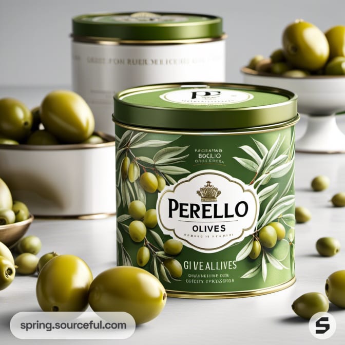 Green olive tin with olive branch design on white table with scattered olives.