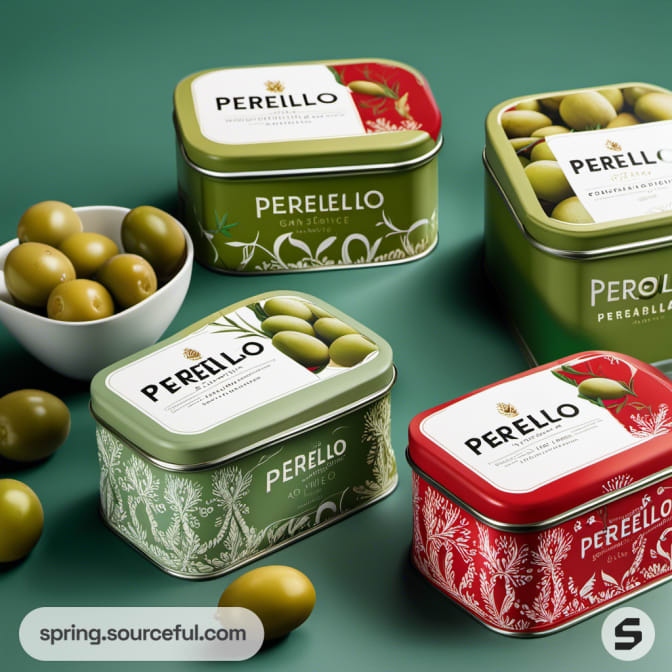 Assorted olive tins with red and green designs on a green surface.