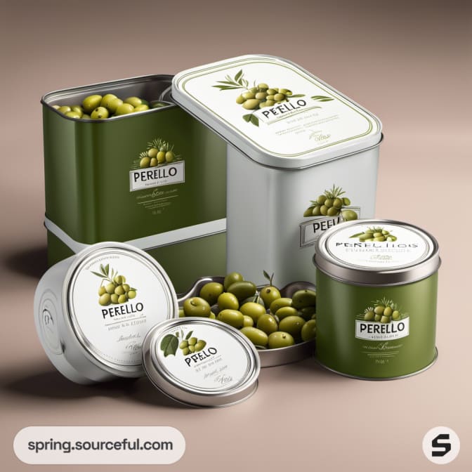 Various olive tins in green and white with different sizes and shapes.
