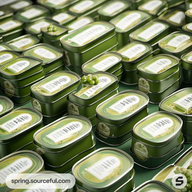Multiple green tins with white labels arranged in a grid pattern.