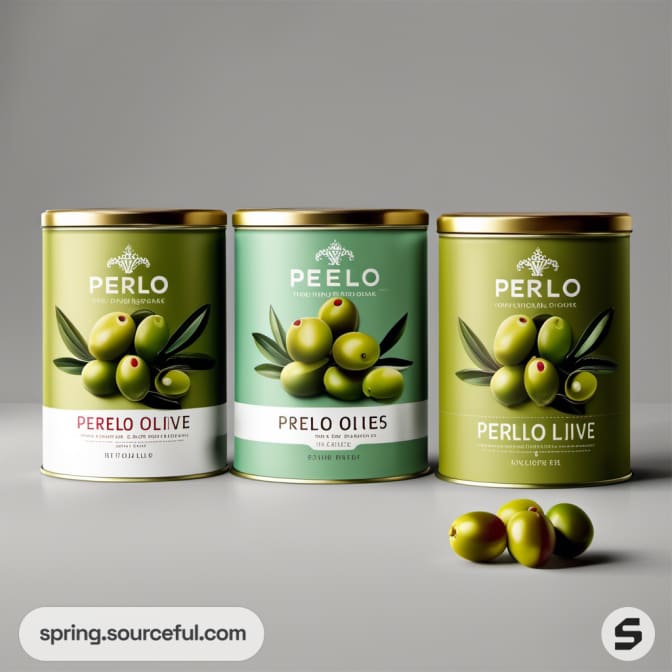 Three olive tins with green designs and gold lids, featuring olive graphics.