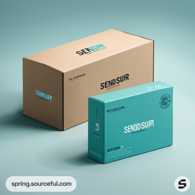 Teal and beige mailer box with 'SENDSURF' branding and surfing theme.