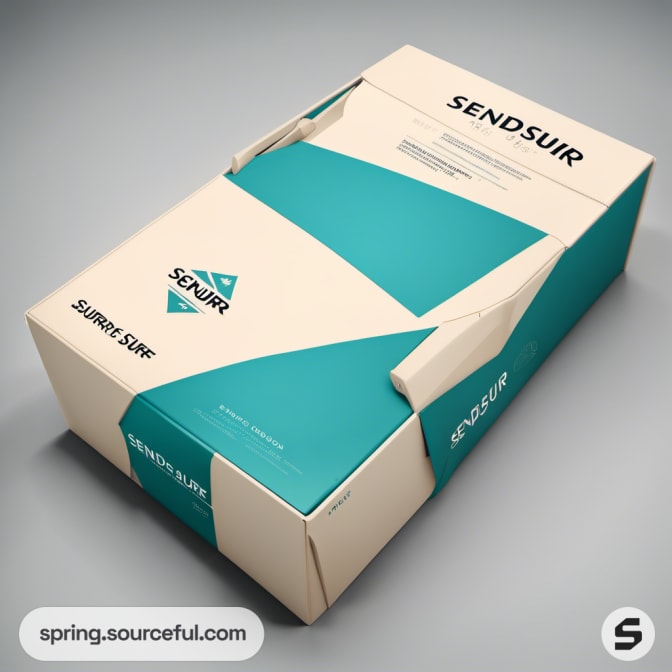 Cream and teal foldable box with surfing graphics and 'SENDSURF' text.
