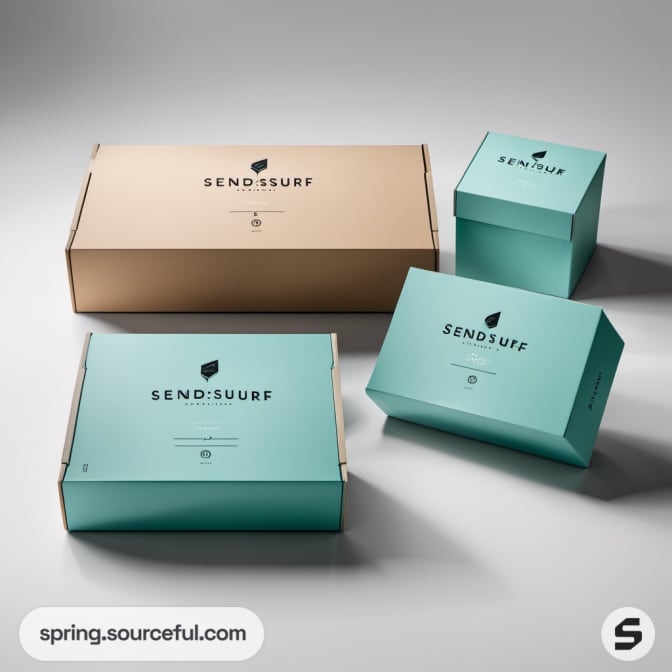 Assorted beige and teal boxes with 'SENDSURF' branding, surfing style.