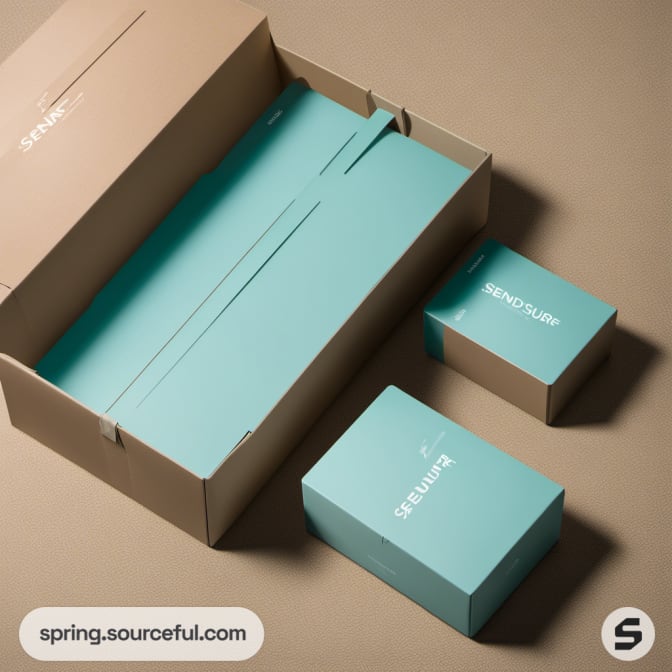 Open beige mailer box with multiple teal boxes inside, surfing theme.