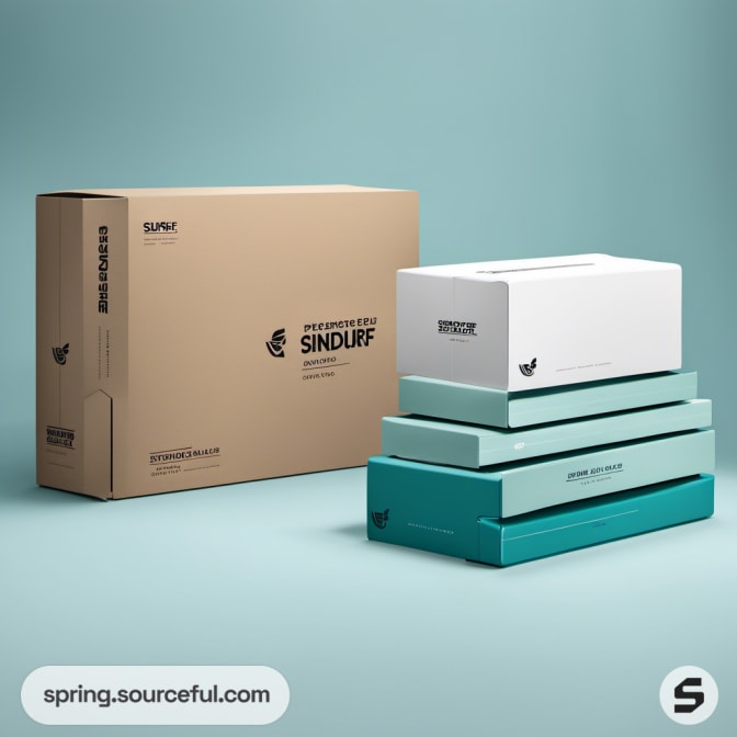 Assorted teal and beige stackable boxes with 'SENDURF' branding.