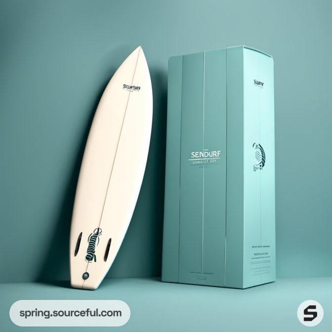 Single surfboard with teal vertical box, sleek design.