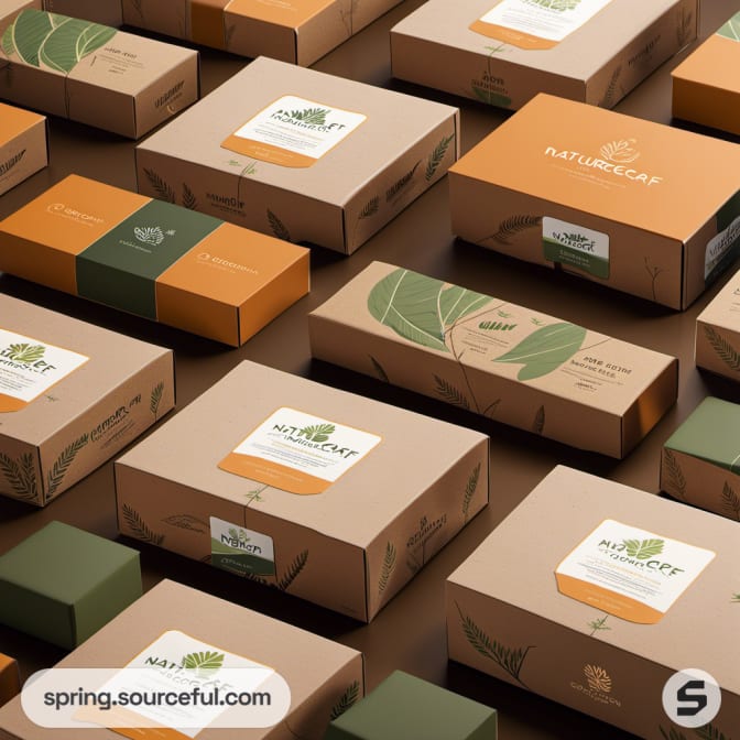Eco-friendly boxes with green and orange leaf designs on kraft paper.