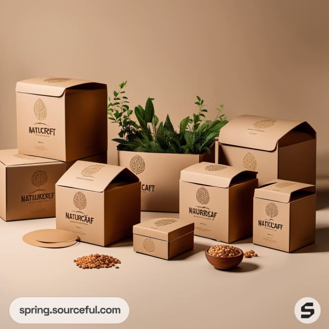Brown kraft boxes with tree logos and plant props.