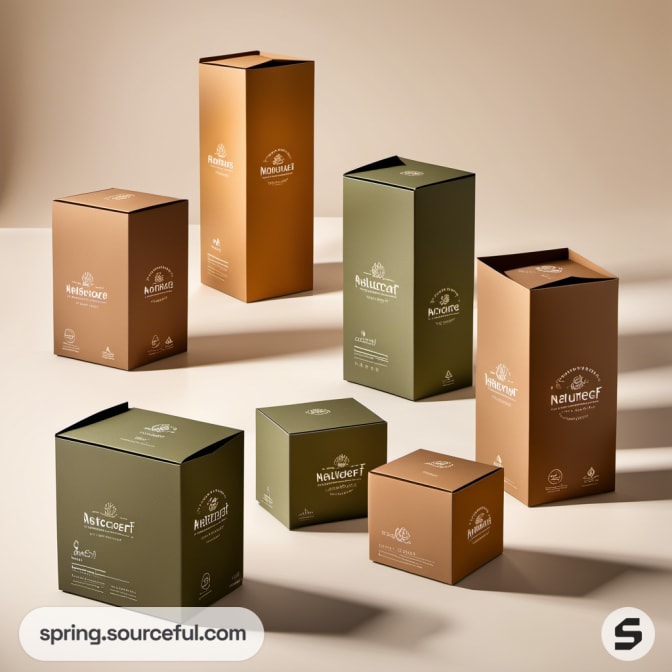 Kraft boxes in shades of green and brown with minimalist branding.
