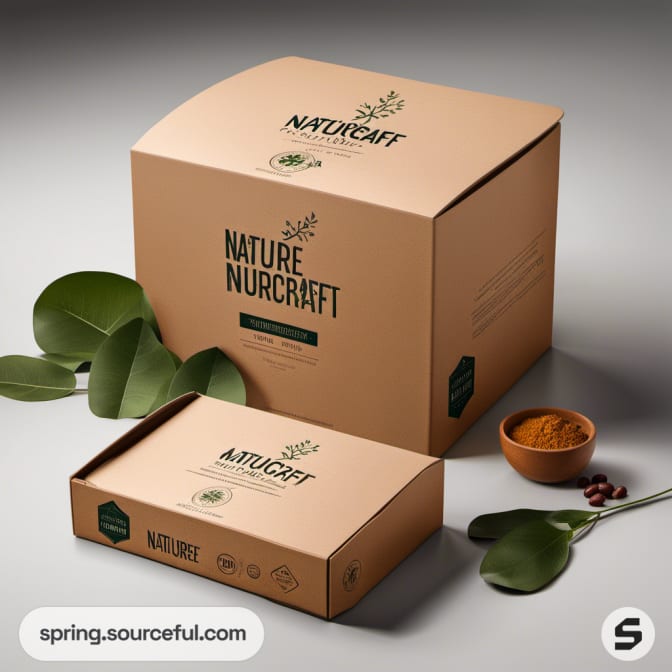 Two kraft boxes, one large, one flat, with leaf motifs.