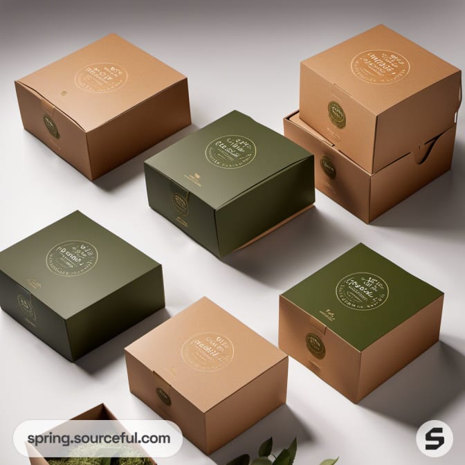 Square boxes in green and brown with stamped logos.