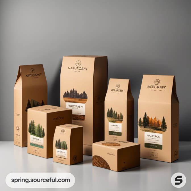Tall kraft packages with tree and landscape illustrations.