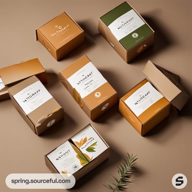 Small kraft boxes in orange and green with nature labels.