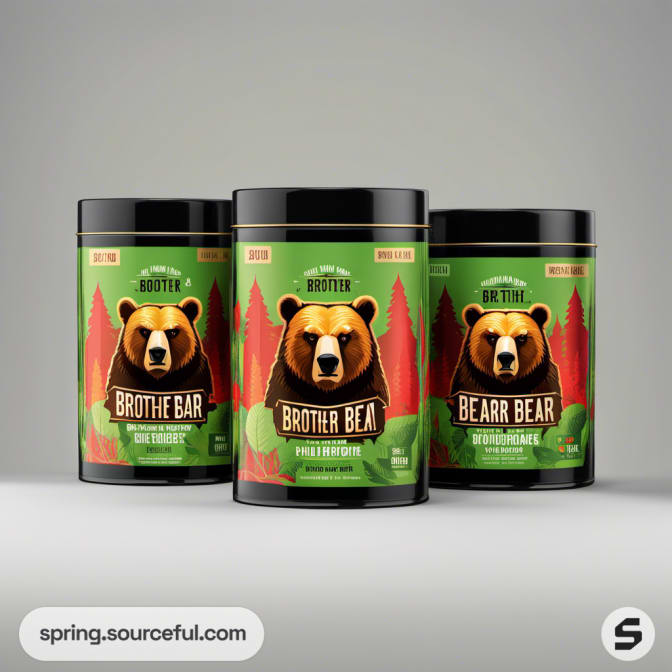 Black jars with bear illustrations and green forest-themed labels