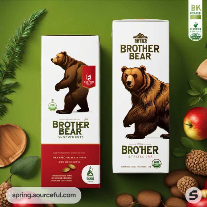 Cardboard boxes with bear illustrations and green-red forest theme