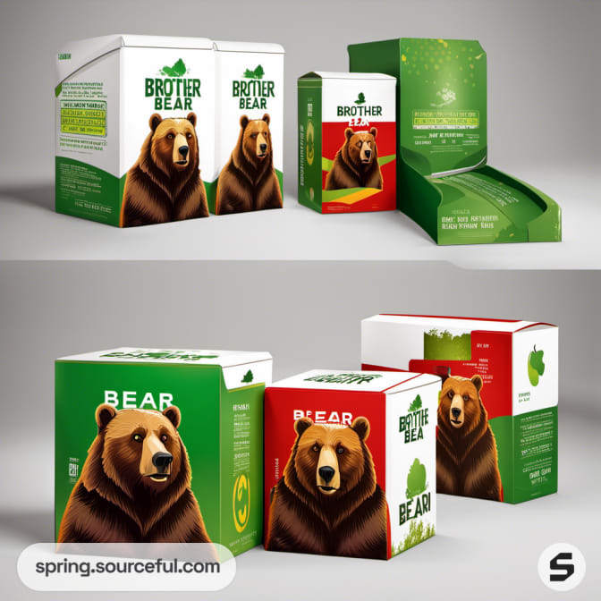 Green and white packaging with bear illustration and apple graphics