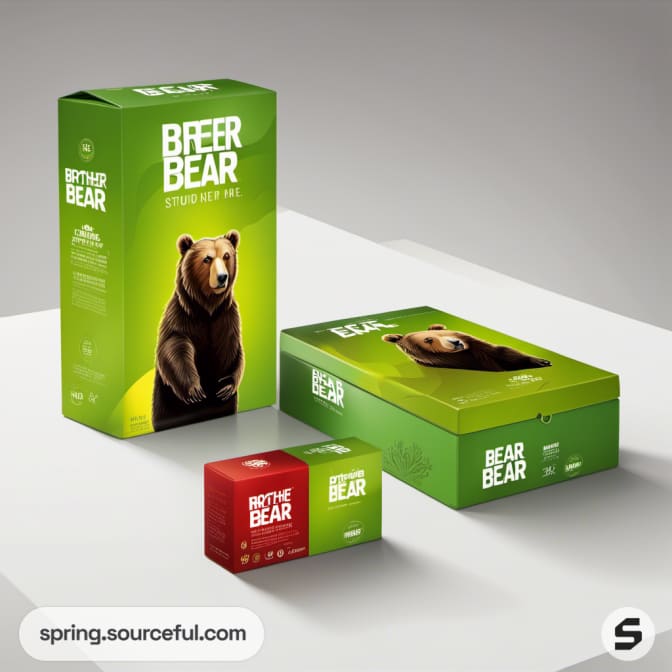Green box with bear illustration and various size packages