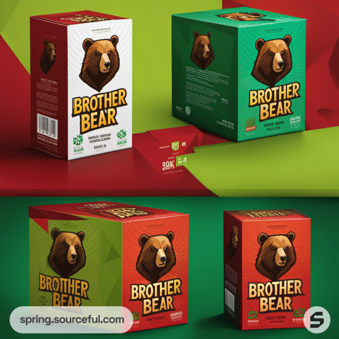 Red and green boxes with bear illustration and recycling symbols