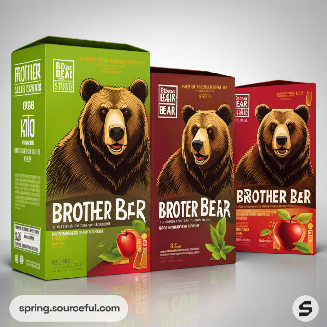 Three boxes with bear illustrations and red-green leaf graphics
